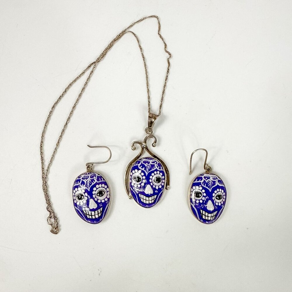 Calavera Sugar Skull Terracotta Sterling Silver Pendant Necklace Earrings Set